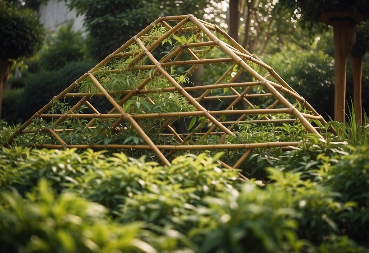 A pyramid-shaped bamboo trellis supports sprawling pumpkin vines in a lush garden setting