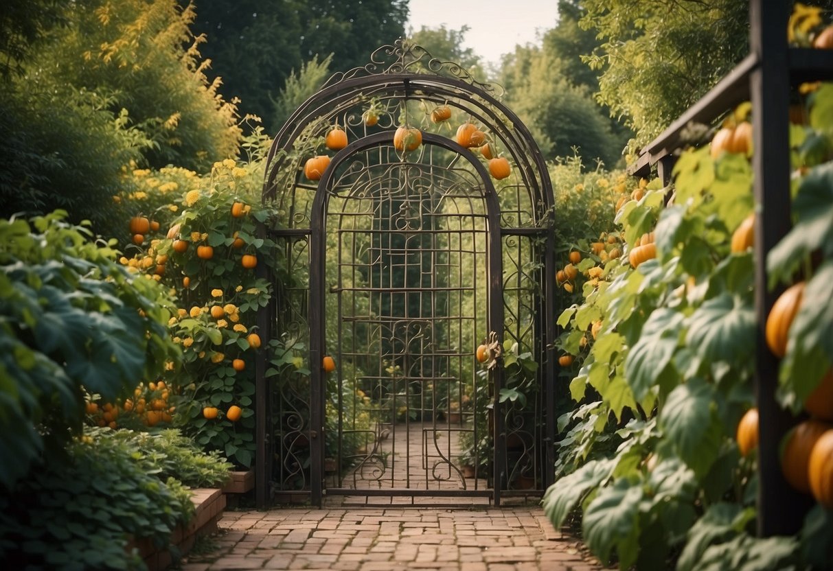 A garden trellis adorned with decorative iron screens supports sprawling pumpkin vines