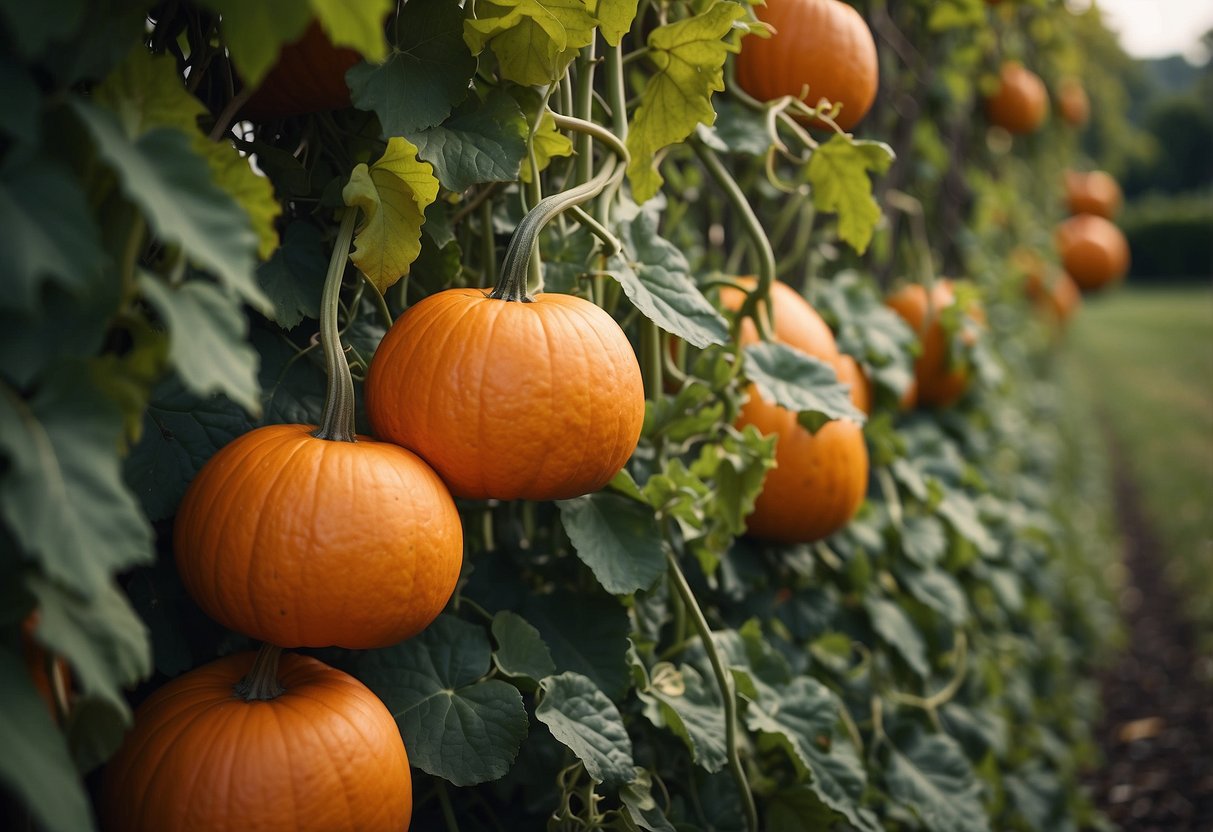 A sturdy wooden trellis stands in a lush garden, with sprawling pumpkin vines winding their way up the structure. Bright orange pumpkins hang from the vines, creating a picturesque and bountiful scene