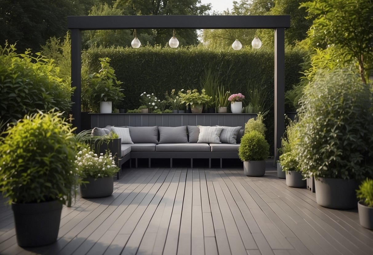 A modern grey PVC decking surrounded by lush garden plants and furniture