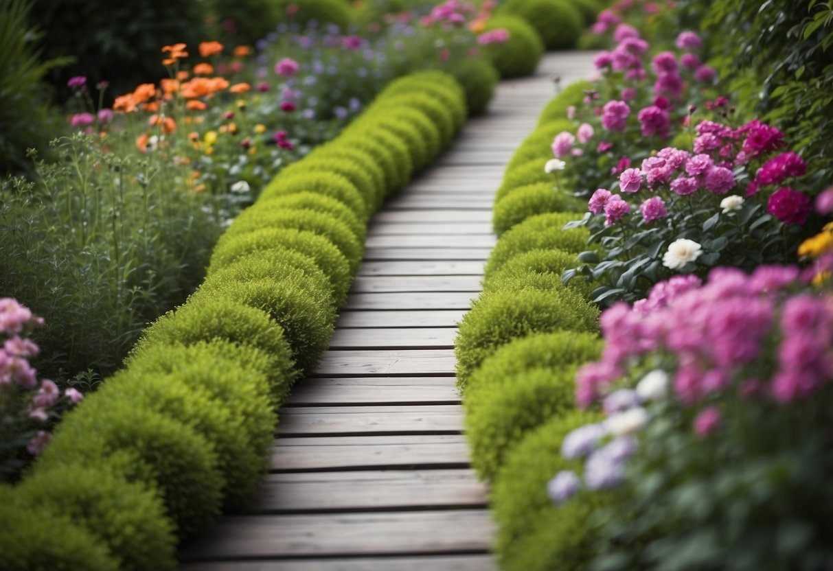 A winding garden pathway made of PVC decking, surrounded by lush greenery and vibrant flowers