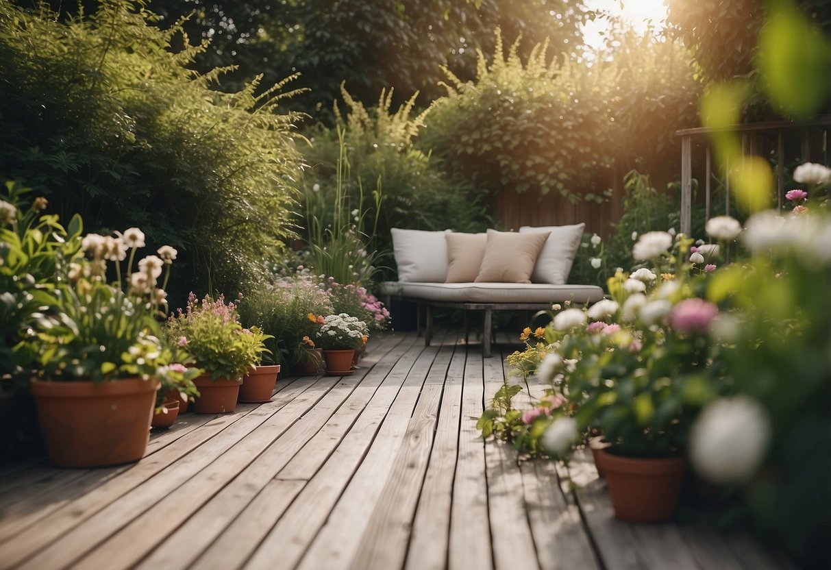 A vintage white PVC decking surrounded by lush garden plants and flowers