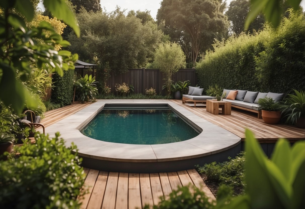 A spacious backyard with a pristine pool surrounded by PVC decking, adorned with lush greenery and vibrant garden ideas