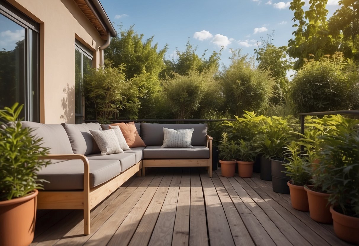 A cozy corner on a PVC decking, surrounded by lush garden plants, with comfortable outdoor furniture and soft lighting