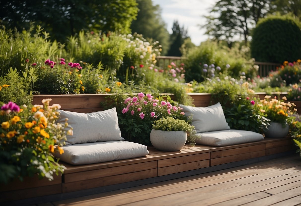 A spacious PVC decking area with built-in benches surrounded by lush greenery and colorful flowers. The benches are integrated seamlessly into the decking, creating a sleek and modern garden space