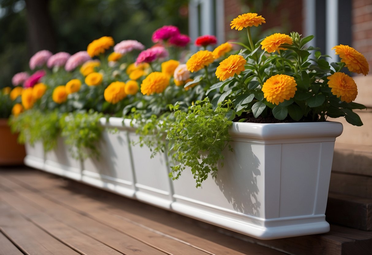 A row of PVC deck planter boxes filled with vibrant flowers and greenery, adding a pop of color and life to the outdoor space