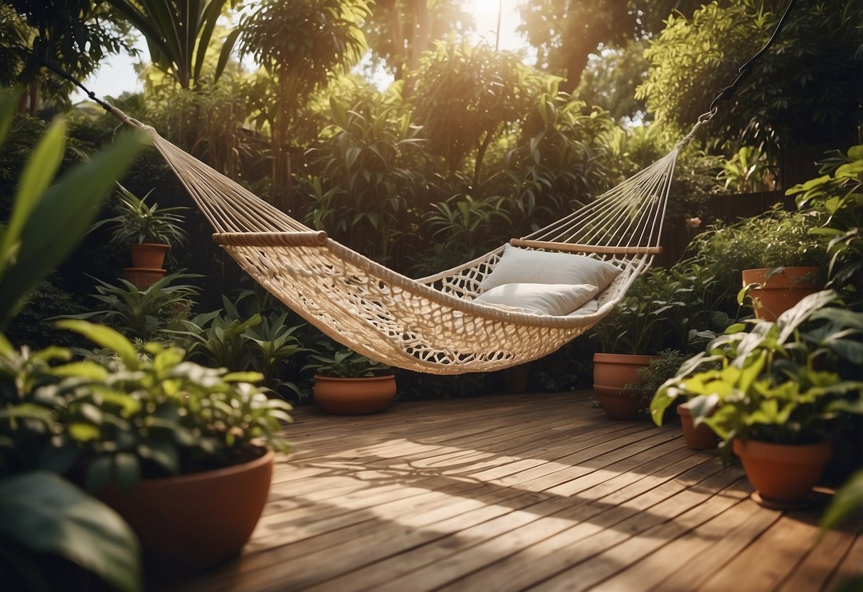 A PVC deck with a hammock area surrounded by lush garden plants