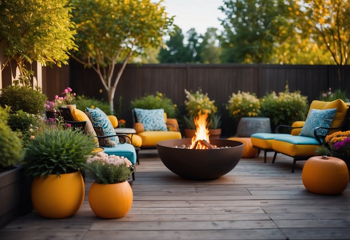 A vibrant garden with PVC decking, featuring colorful potted plants, comfortable outdoor furniture, and a cozy fire pit