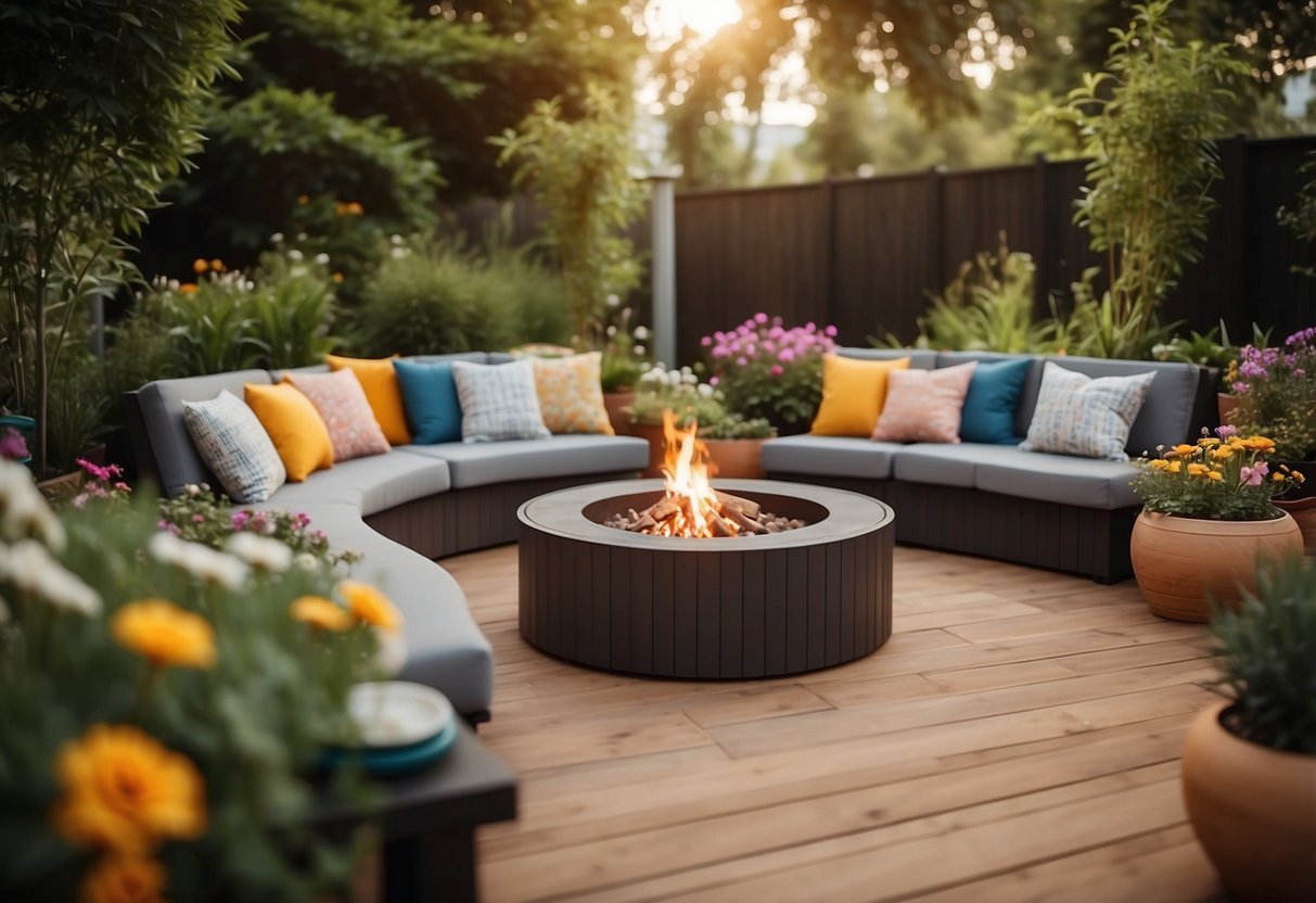 A garden with PVC decking, surrounded by lush greenery and colorful flowers, with comfortable seating and a small fire pit for cozy gatherings