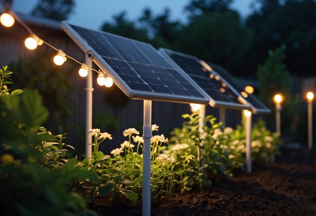 A PVC pipe garden lighting setup with solar panels, illuminating a lush garden at night