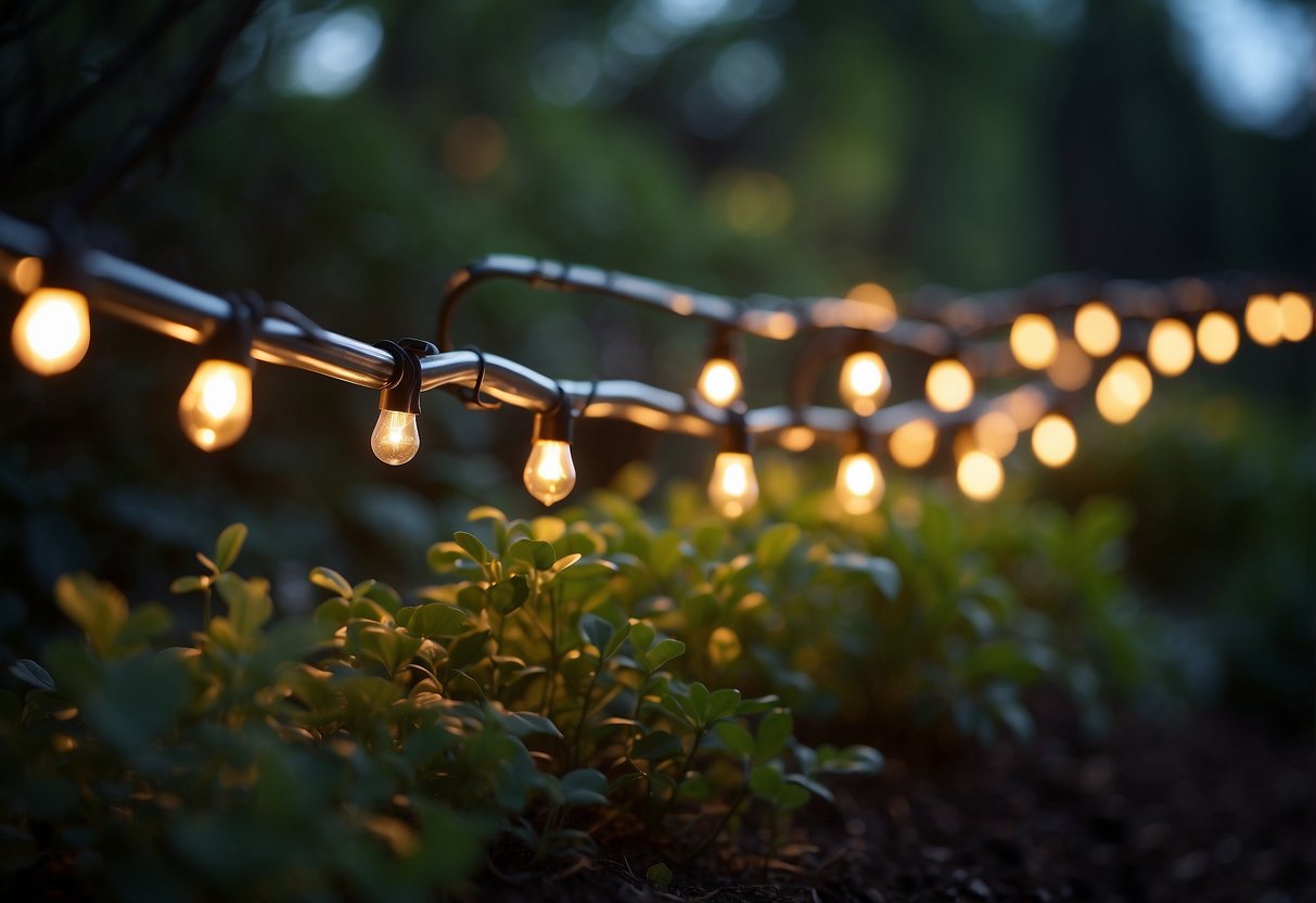 Glowing string lights hang from PVC pipes in a garden, illuminating the surrounding area with a warm and inviting glow