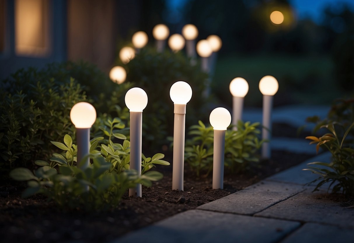 Softly glowing PVC pipe garden lights illuminate a tranquil outdoor scene, casting gentle shadows and creating a cozy, inviting atmosphere