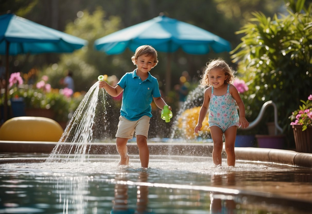 Children play in a water park with PVC pipe sprinklers spraying water over a garden-themed area, with colorful flowers and plants