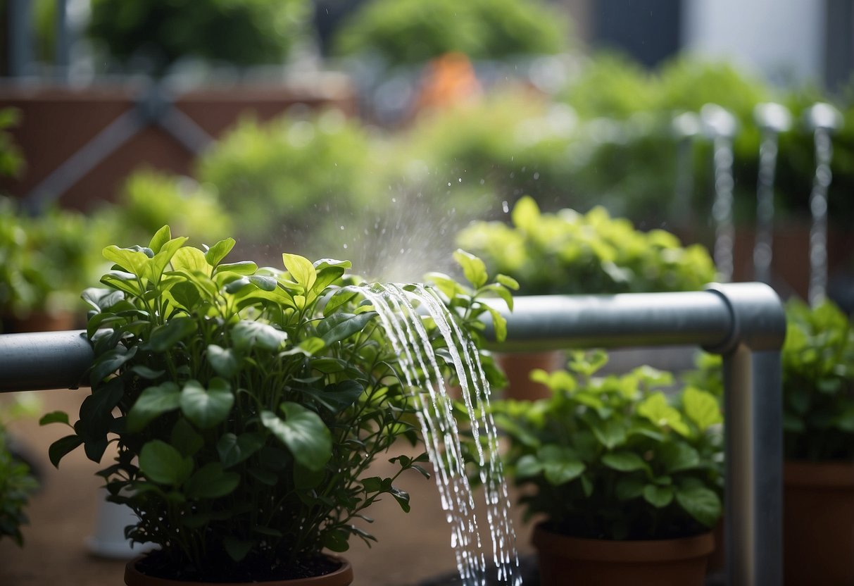 Water sprays from PVC pipes in a vertical garden, creating a refreshing and vibrant scene