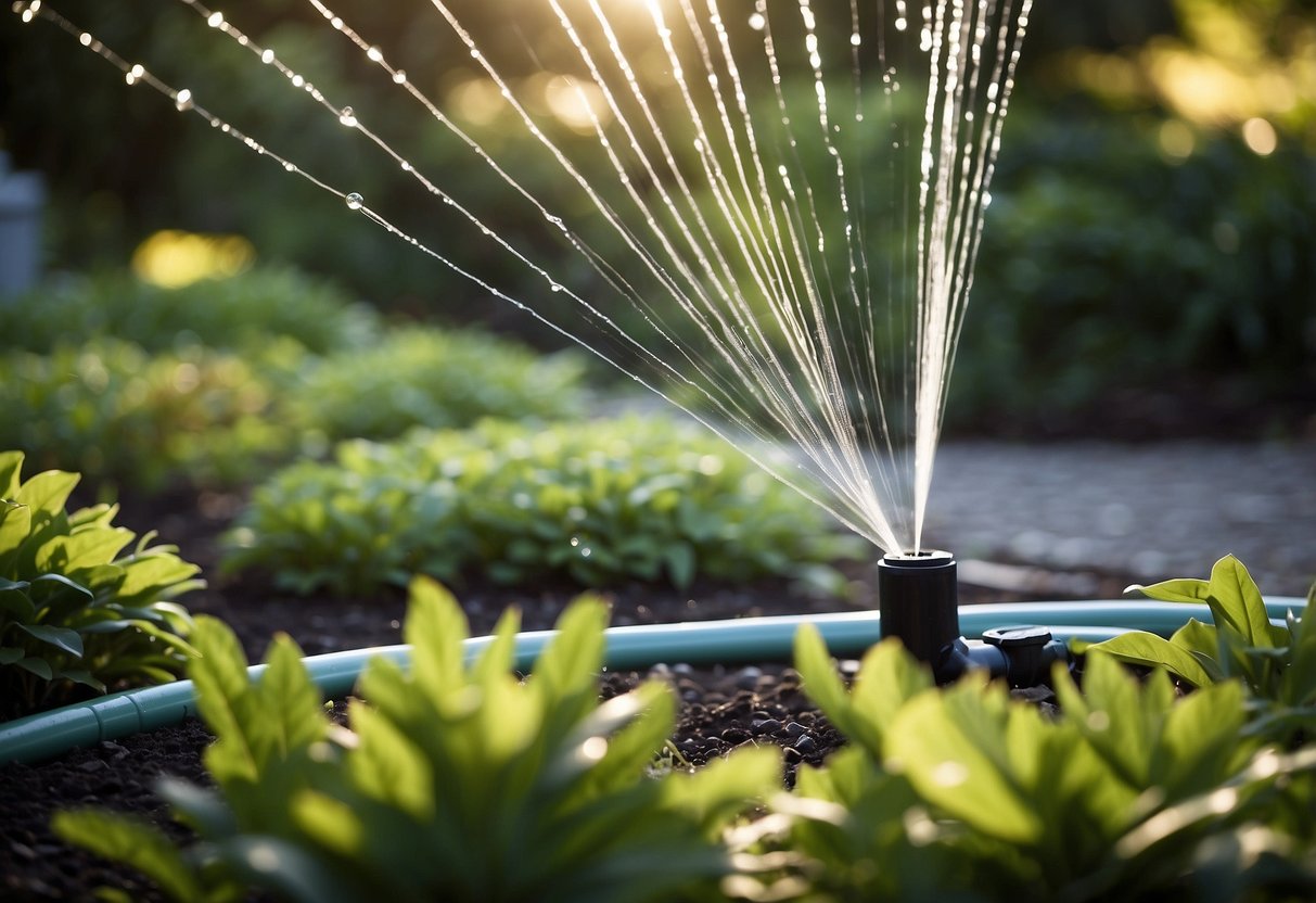 A PVC pipe circular garden sprinkler showers water over a lush garden bed