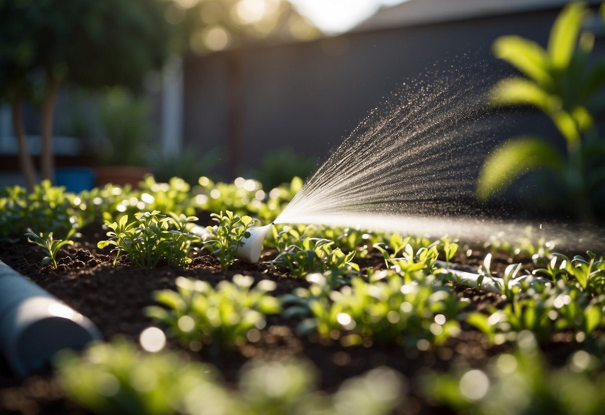 A PVC pipe garden with customizable sprinkler heads spraying water onto plants