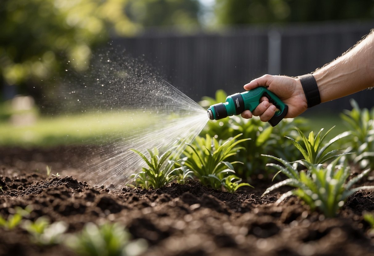 A hand holds a PVC water wand, spraying a garden. Another wand lies nearby. The scene shows PVC pipe sprinkler ideas