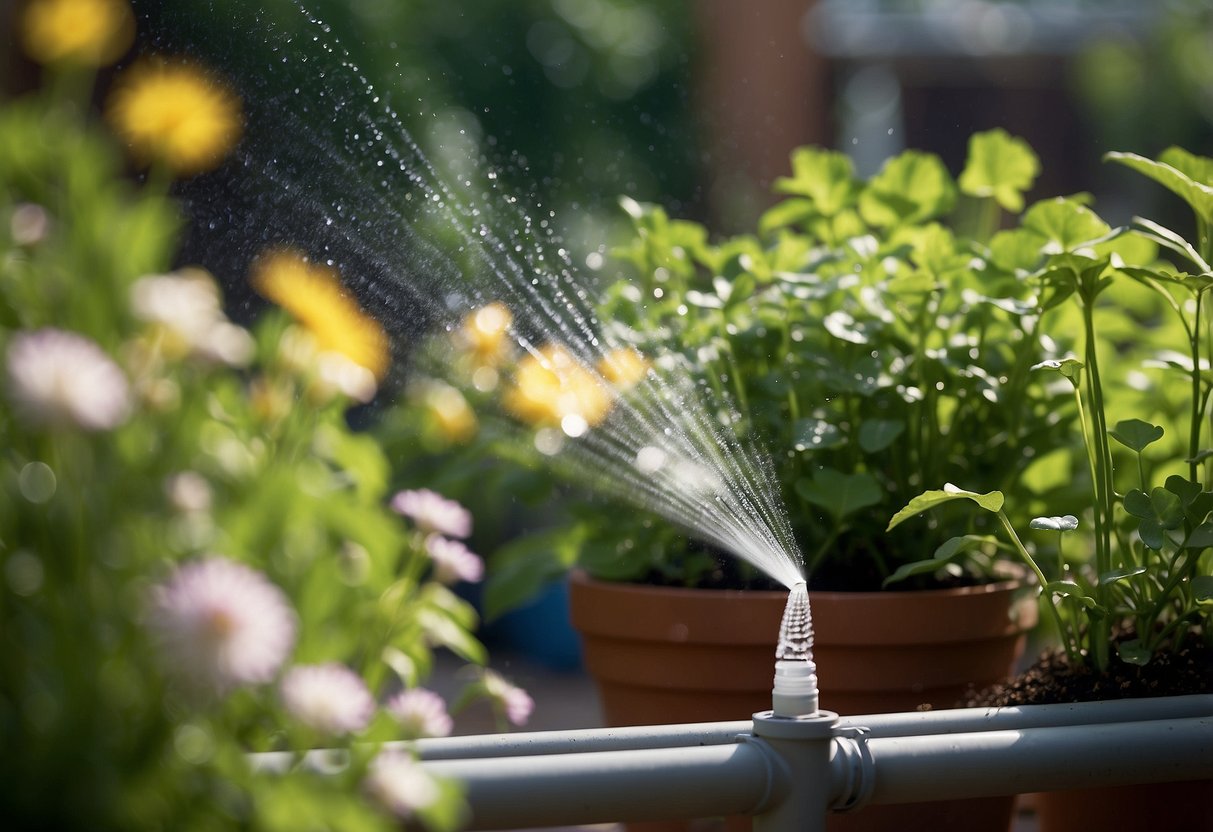 A PVC pipe garden sprinkler spraying water over a portable garden, with green plants and flowers being watered