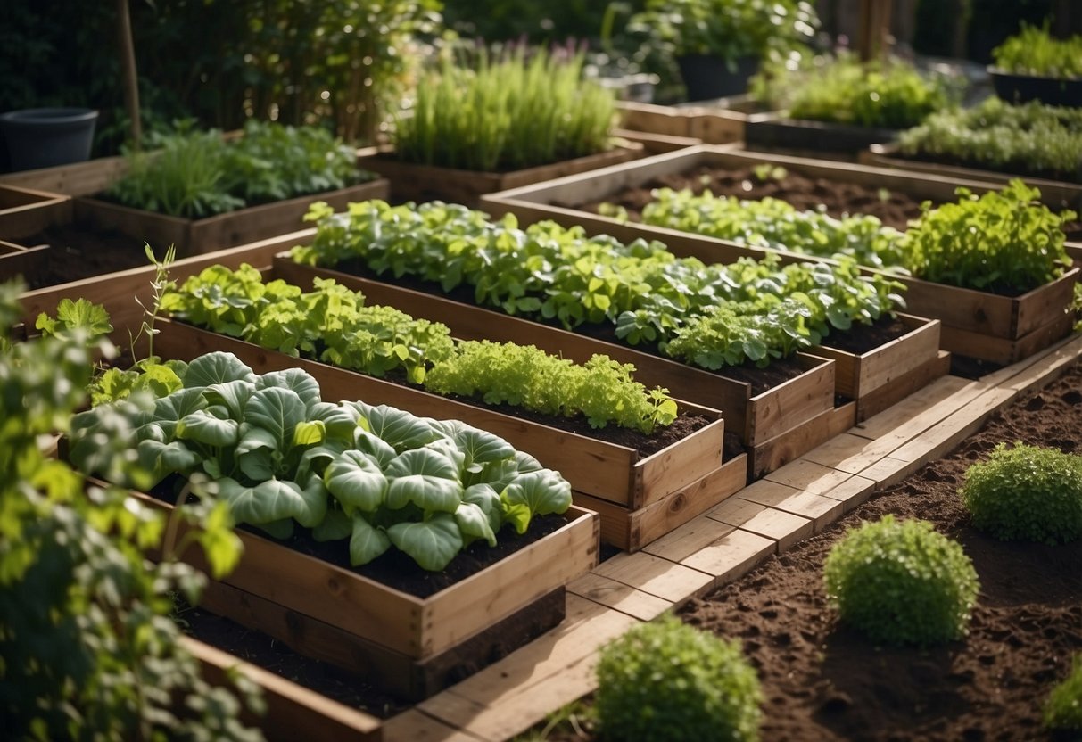 A tiered vegetable garden with three levels, each containing a variety of vegetables and herbs. The garden is neatly organized with wooden frames and surrounded by lush greenery