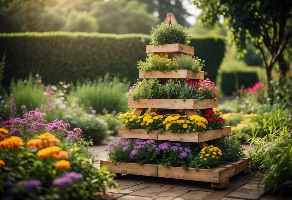 A vertical garden pyramid made of wooden pallets, filled with vibrant flowers and herbs, stands against a backdrop of a lush green garden