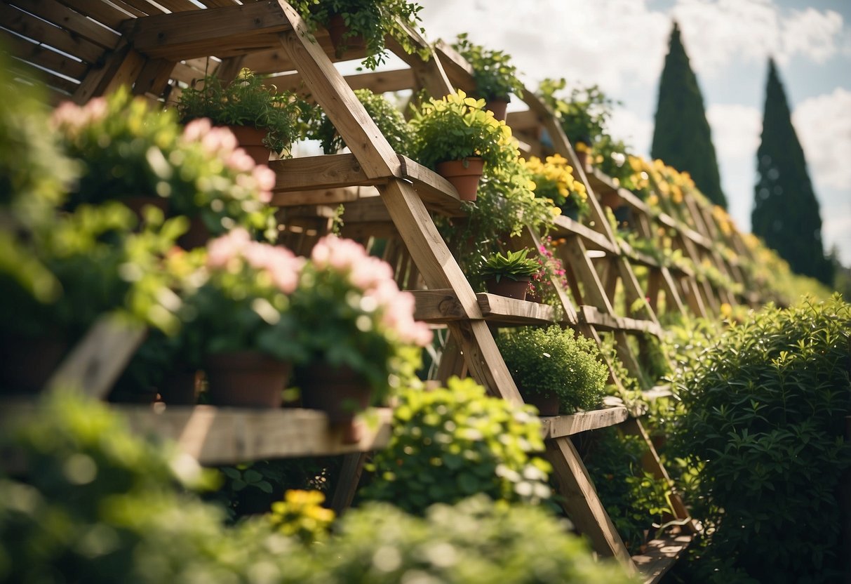 A wooden pyramid trellis stands in a lush garden, adorned with vibrant climbing plants reaching towards the sky