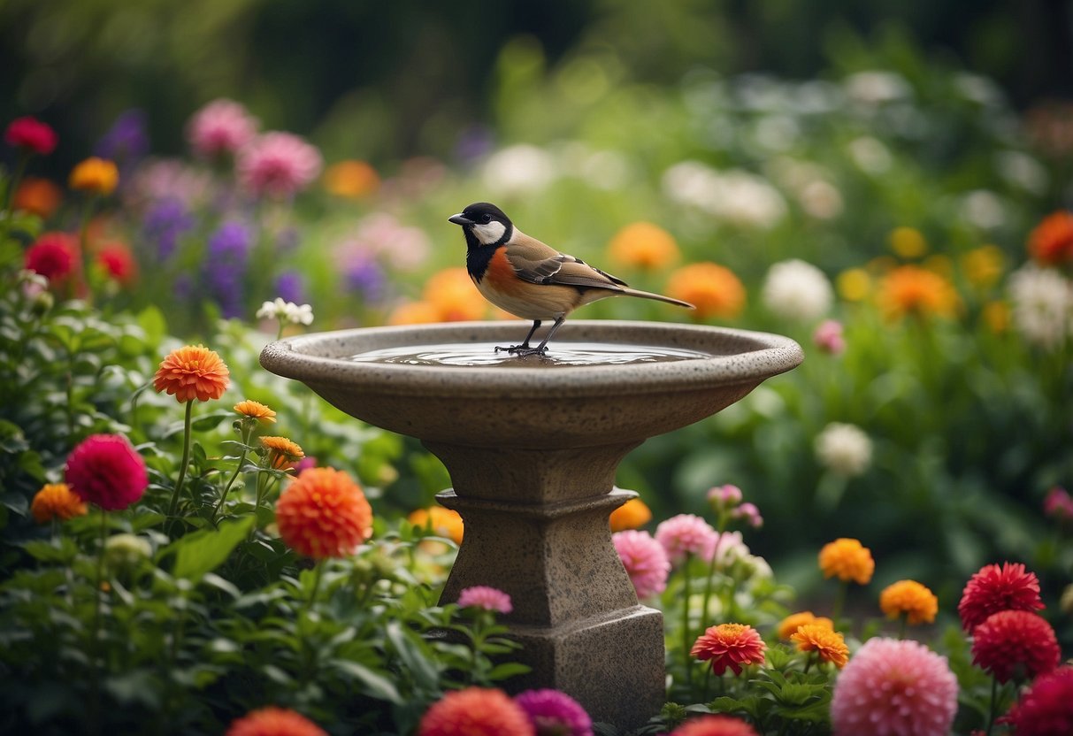 In the garden, a pyramid-shaped bird bath stands surrounded by lush greenery and colorful flowers, creating a tranquil and picturesque scene