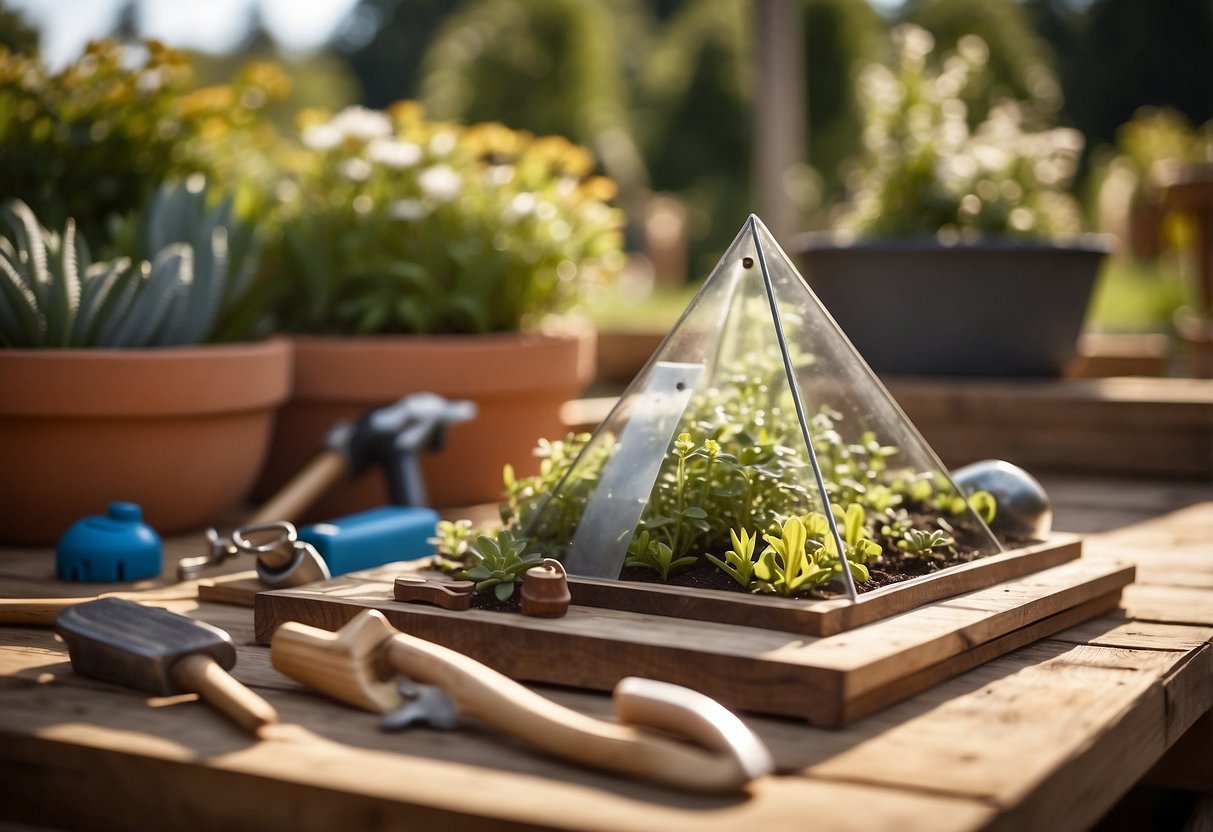 A sunny outdoor space with a variety of building materials scattered around, including wood planks, screws, and gardening tools. A blueprint or sketch of a garden pyramid is visible on a nearby table