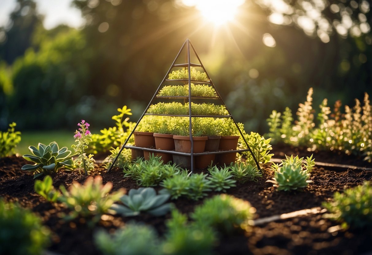 A garden pyramid stands tall, surrounded by lush greenery. A person carefully tends to the plants, watering and pruning with care. The sun shines brightly, casting a warm glow over the scene