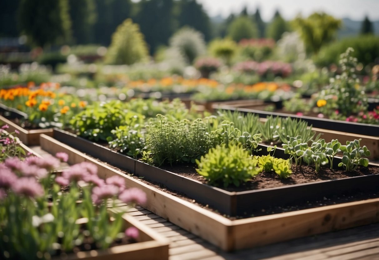 A square foot grid garden with raised beds and various plants and flowers in full bloom