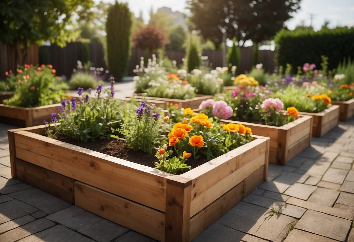 Wooden raised beds arranged in a front garden, filled with vibrant flowers and greenery