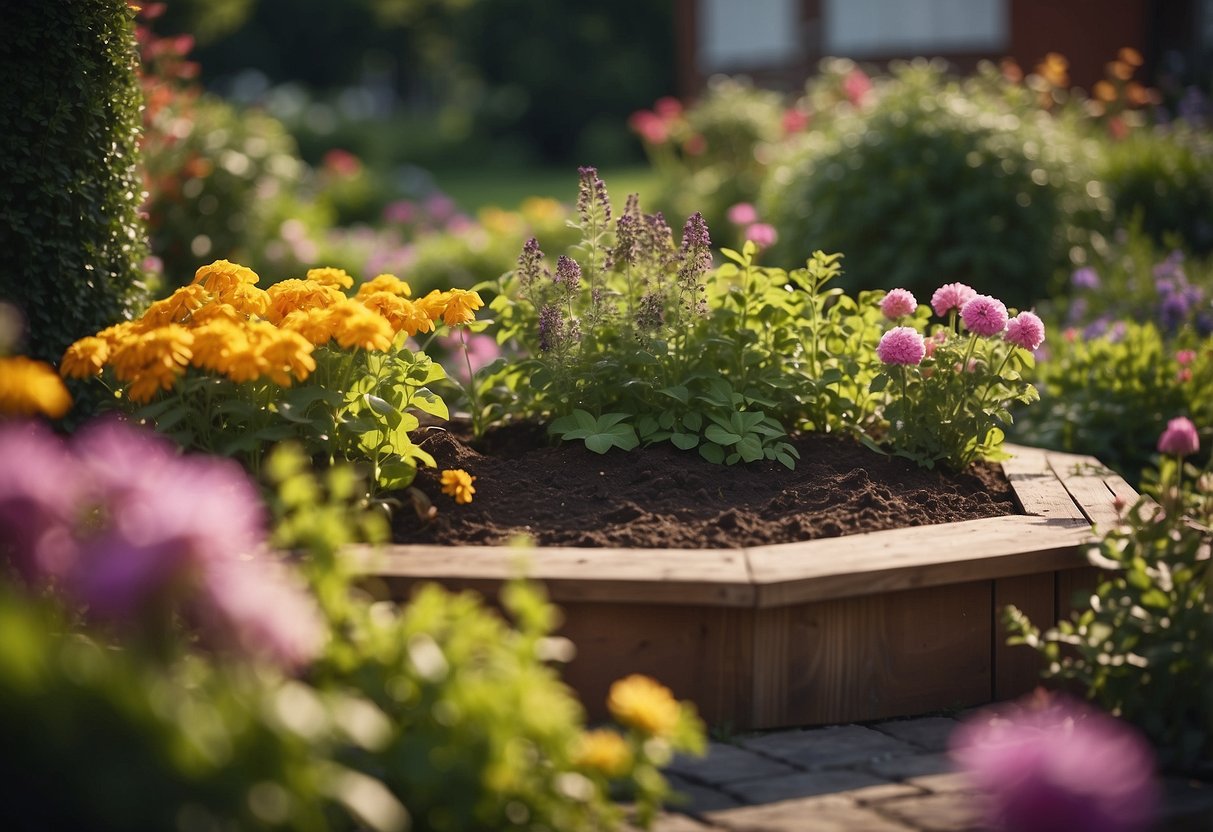 A raised garden bed with a keyhole shape, surrounded by colorful flowers and lush greenery, sits in the front garden