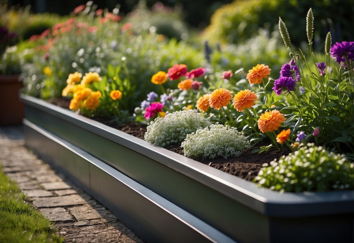 A metal trough bed sits in a front garden, filled with vibrant flowers and lush greenery, surrounded by other raised beds, providing inspiration for garden design