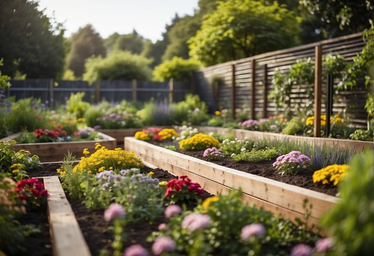 Raised garden beds with integrated seating, surrounded by lush greenery and colorful flowers. The beds are designed to double as comfortable seating areas, creating a cozy and inviting outdoor space