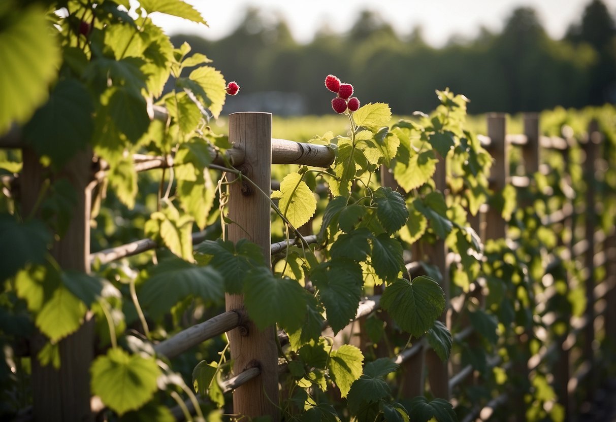 A wooden trellis supports lush raspberry vines, entwined with string netting to guide the sprawling foliage in a neat and orderly fashion