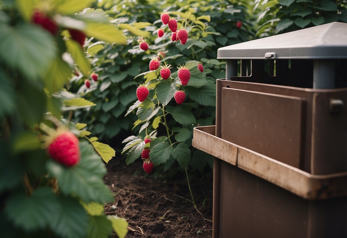 A compost bin surrounded by flourishing raspberry bushes in a well-maintained garden