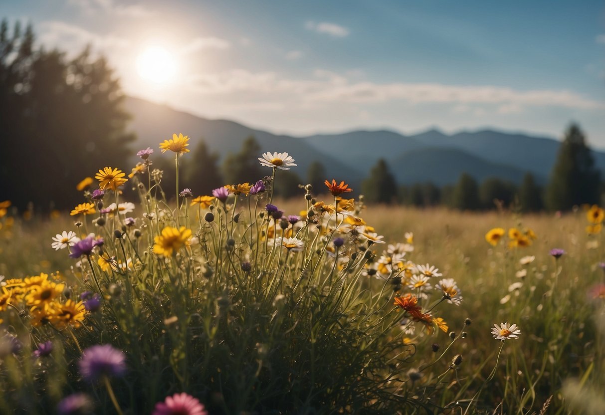 A vibrant meadow bordering a ranch with wildflowers in full bloom, creating a colorful and natural garden display