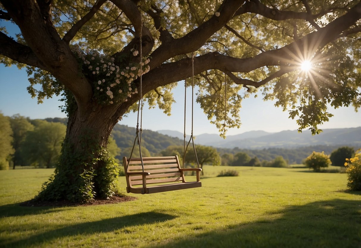 A garden swing hangs from a sturdy tree, its floral canopy swaying in the breeze. Surrounding the swing are blooming flowers and lush greenery, creating a serene and picturesque scene