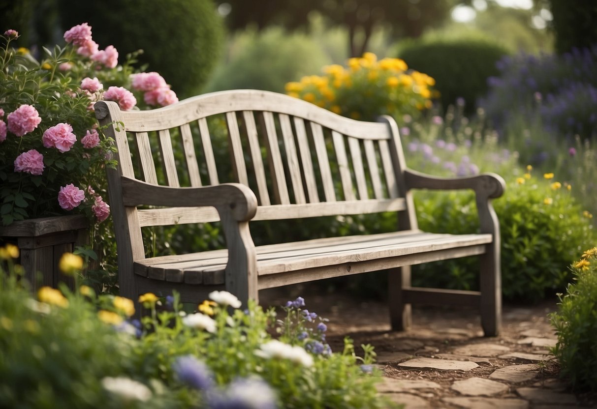 A weathered antique garden bench sits surrounded by blooming flowers and lush greenery, creating a serene and inviting atmosphere in the ranch garden