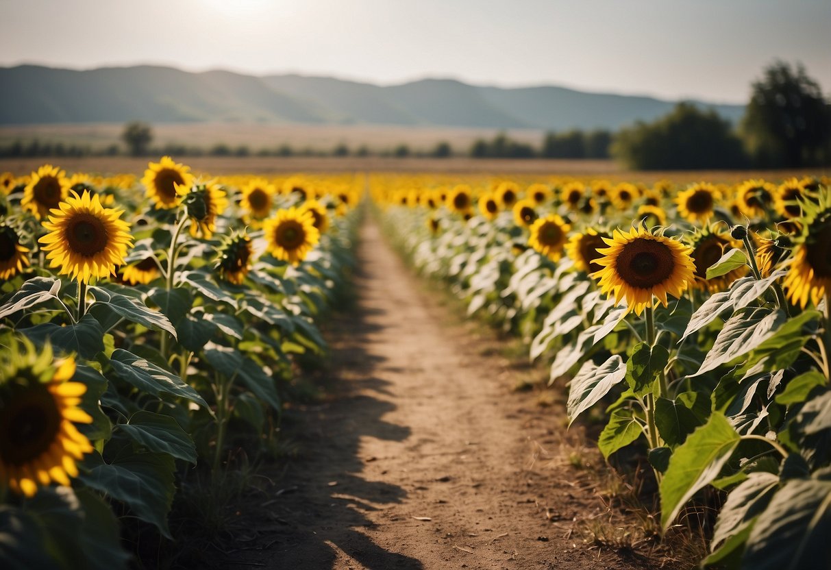 A vibrant sunflower field stretches across the horizon, with a rustic wooden entrance leading into the ranch garden