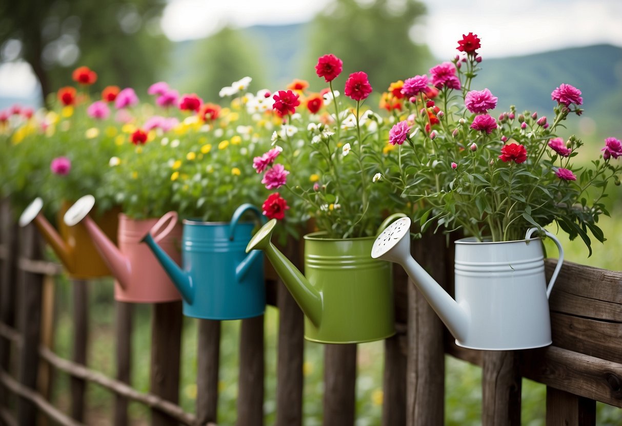 Rustic watering cans hang from a wooden fence, surrounded by blooming flowers and lush greenery in a charming ranch garden setting