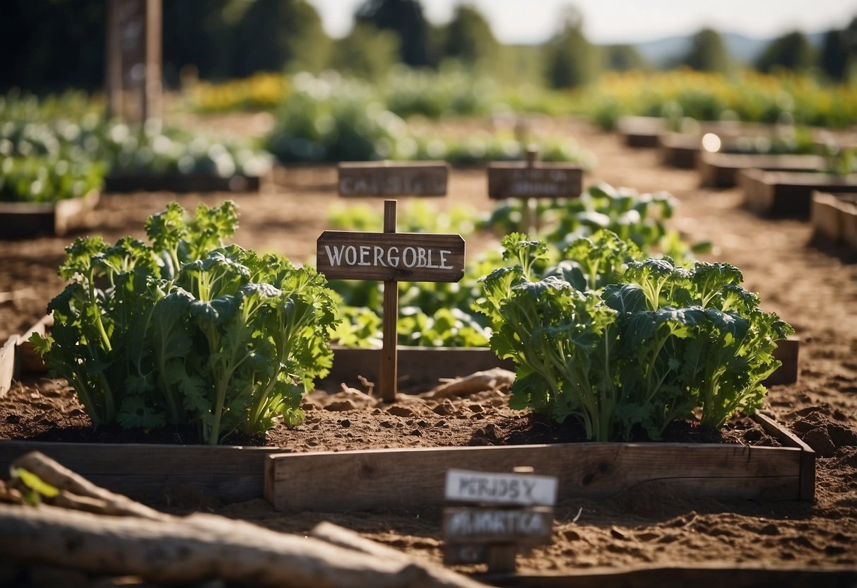 A vegetable patch with wooden signs marking different crops in a rustic ranch garden