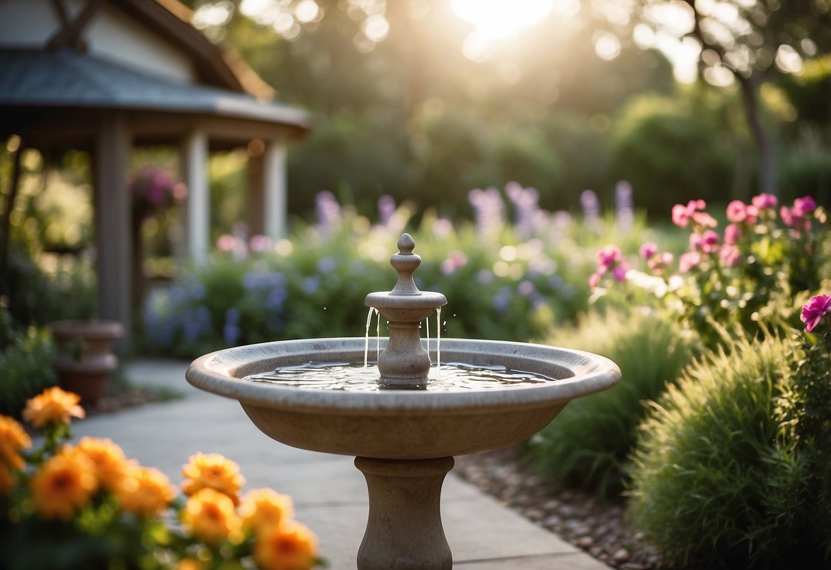 A serene ranch garden featuring charming bird bath fountains surrounded by lush greenery and colorful flowers