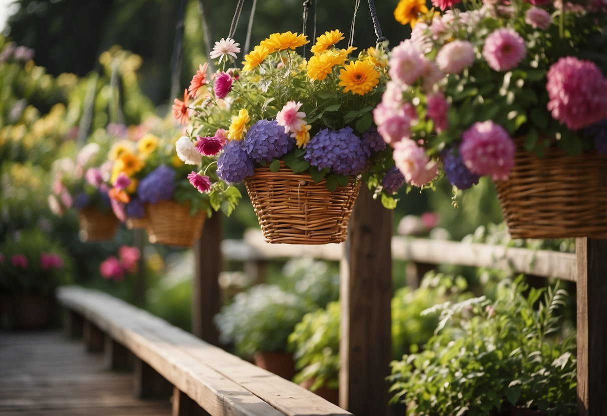 Colorful flower baskets hang from wooden beams in a rustic garden, surrounded by lush greenery and blooming flowers