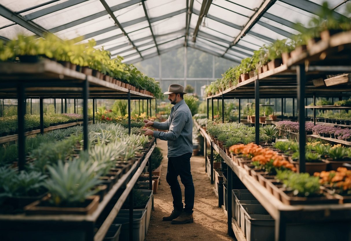 A person carefully choosing plants from a variety of options at a nursery for a ranch garden