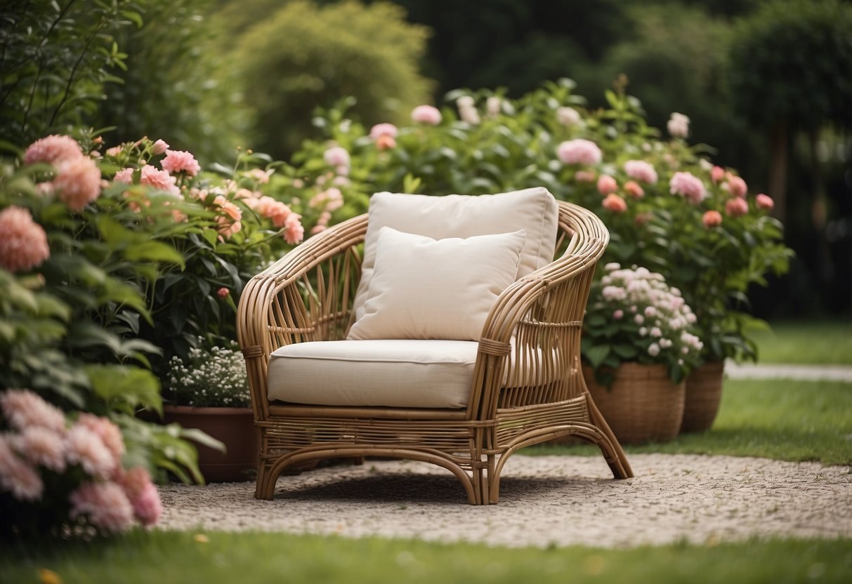 A rattan lounge chair set surrounded by lush greenery and blooming flowers in a serene garden setting