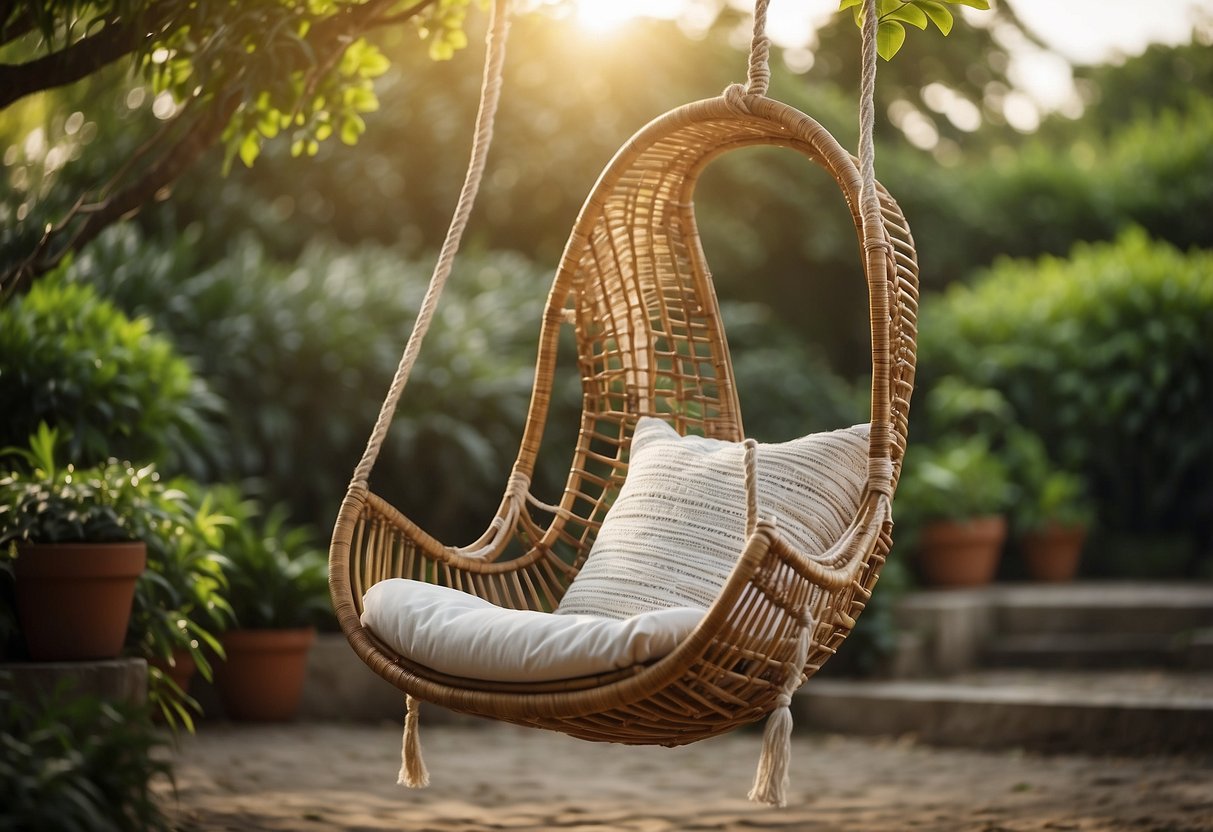 A rattan swing chair hangs from a sturdy tree branch in a lush garden setting. The chair sways gently in the breeze, surrounded by vibrant greenery