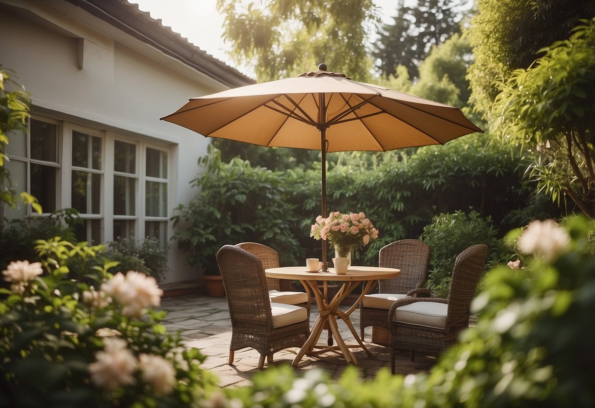 A rattan patio umbrella shades a tranquil garden scene. Lush greenery and flowers surround the cozy outdoor space