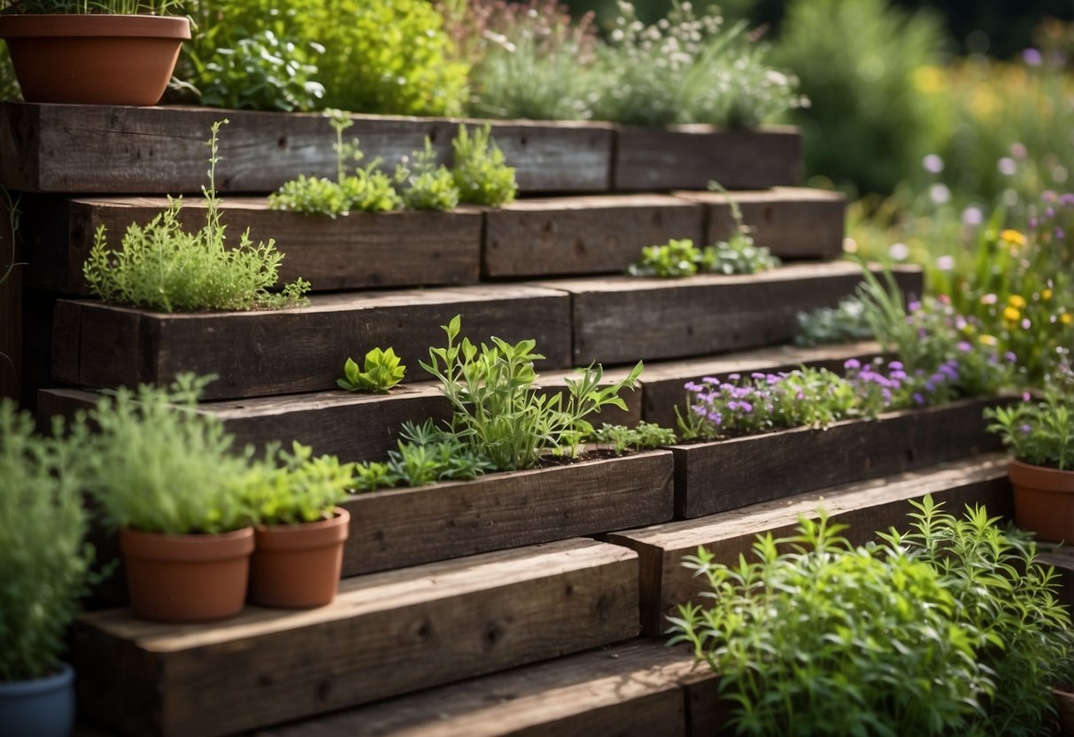 A tiered herb garden made from railroad ties, with various herbs planted in each level, creating a beautiful and functional garden display