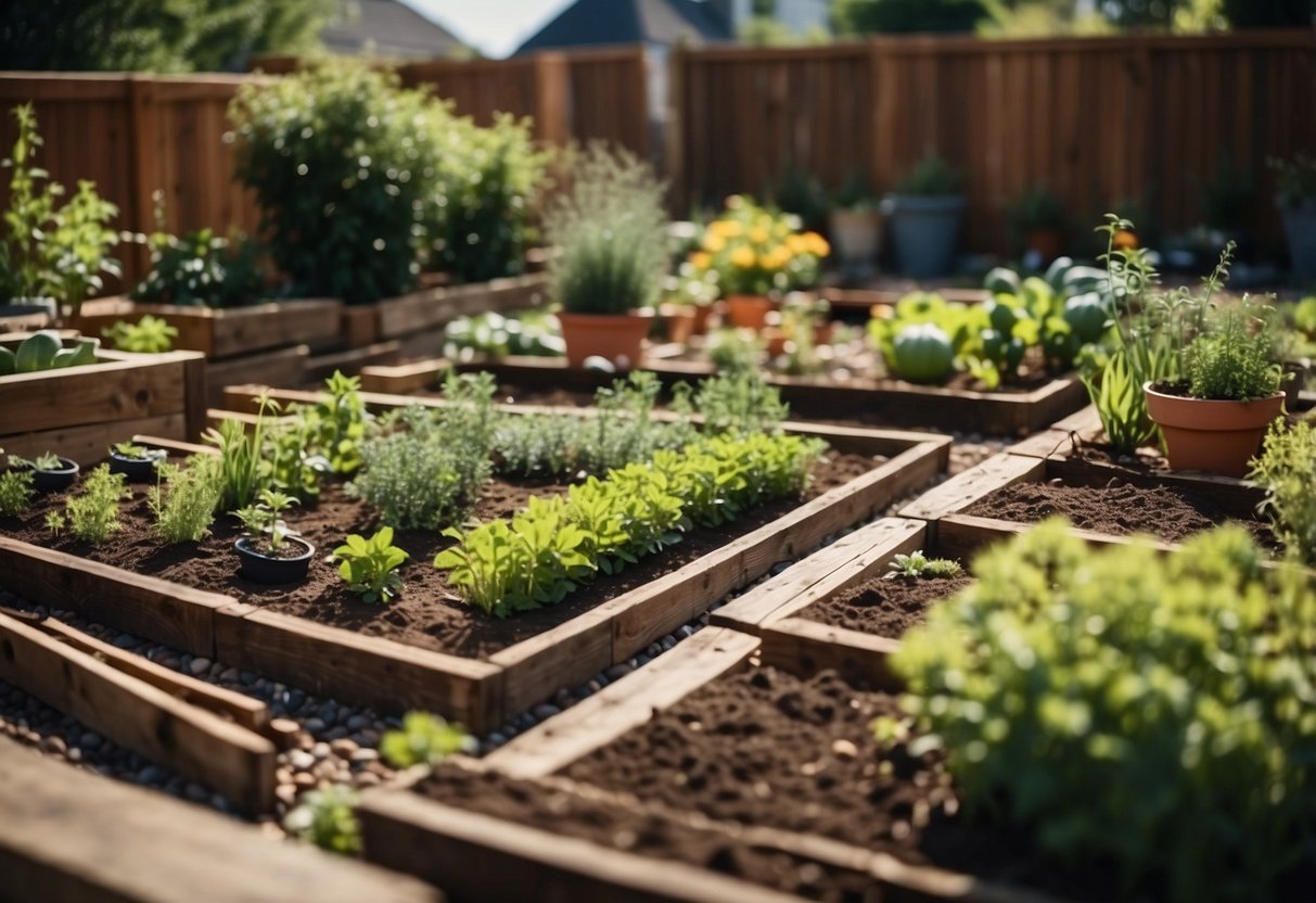 A backyard with raised vegetable beds made from railroad ties, surrounded by various plants and gardening tools