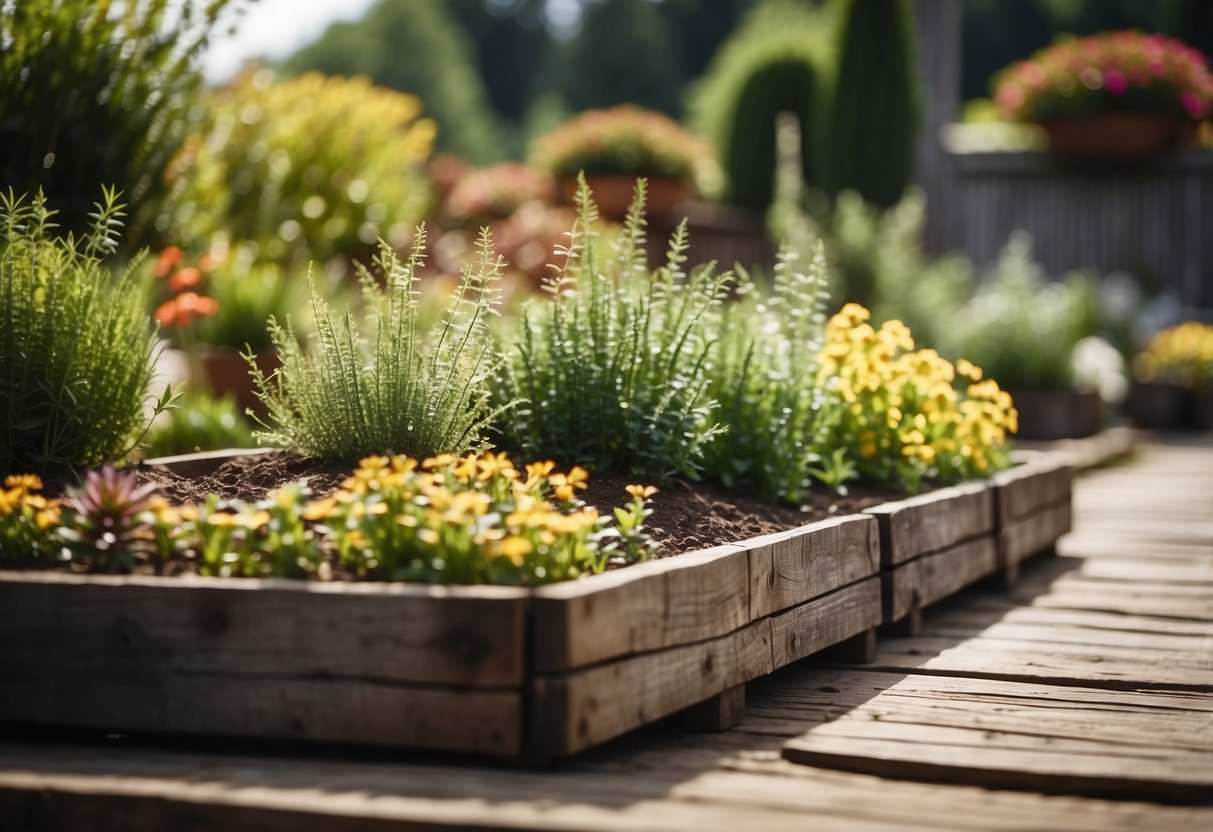 A charming garden with planter borders made from railroad ties, creating a rustic and inviting atmosphere